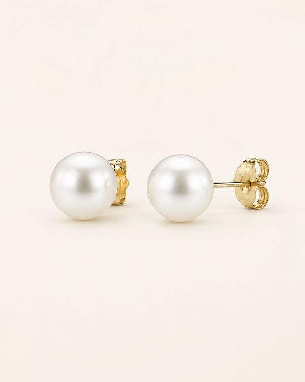 7-7.5mm white Akoya pearl stud earrings by Prestige Pearl
