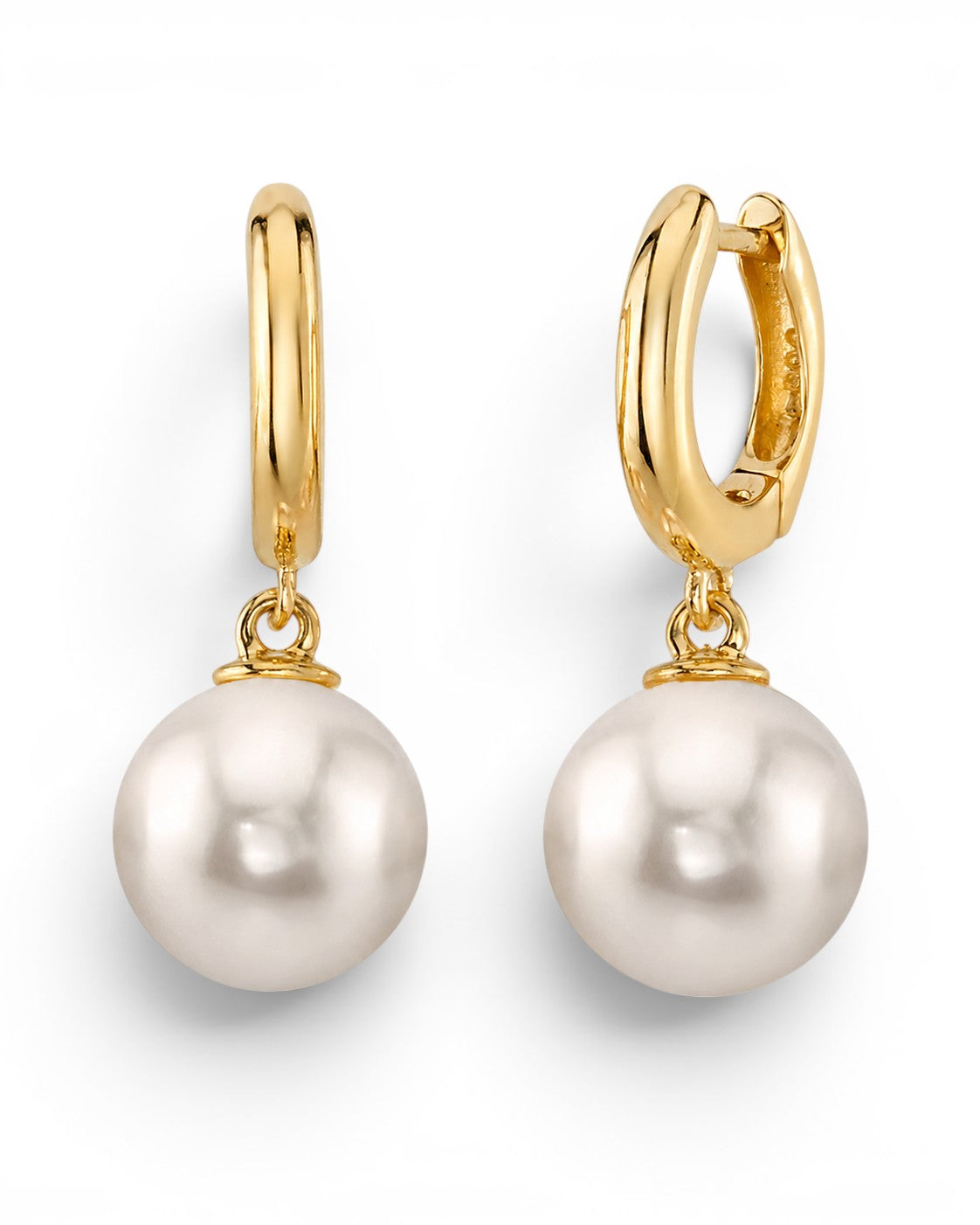 9.5–10mm white South Sea pearl huggie earrings by Prestige Pearl