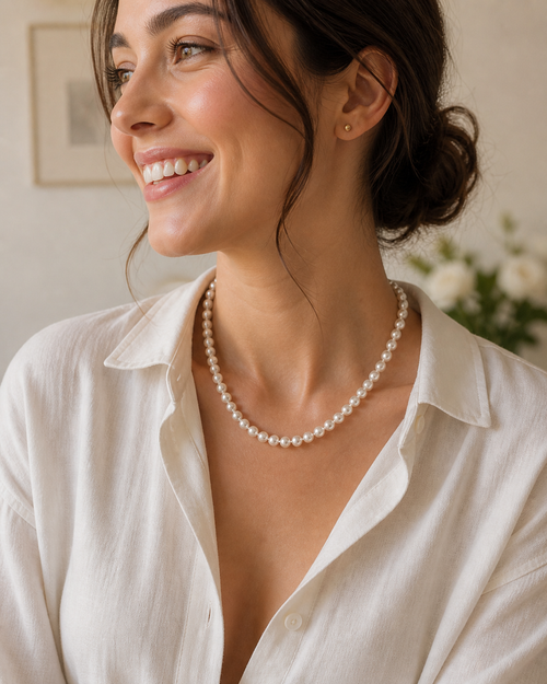 7.5-8mm Japanese Akoya Pearl Necklace, 18” — 14KT Gold Clasp