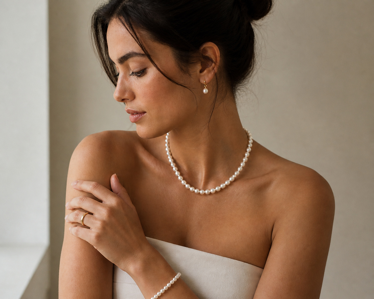 Model wearing pearl necklace, earrings and bracelet styled together