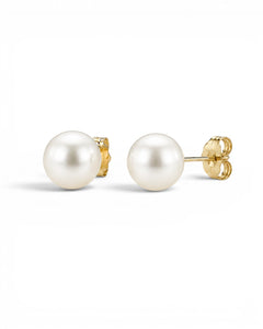 Prestige Pearl Akoya pearl stud earrings with bright luster on solid gold posts against a white background.