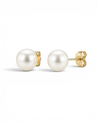 Prestige Pearl Akoya pearl stud earrings with bright luster on solid gold posts against a white background.