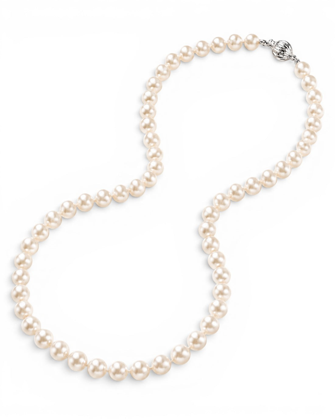 Prestige Pearl 18-inch Japanese Akoya pearl necklace with white round pearls and a 14K gold corrugated ball clasp.