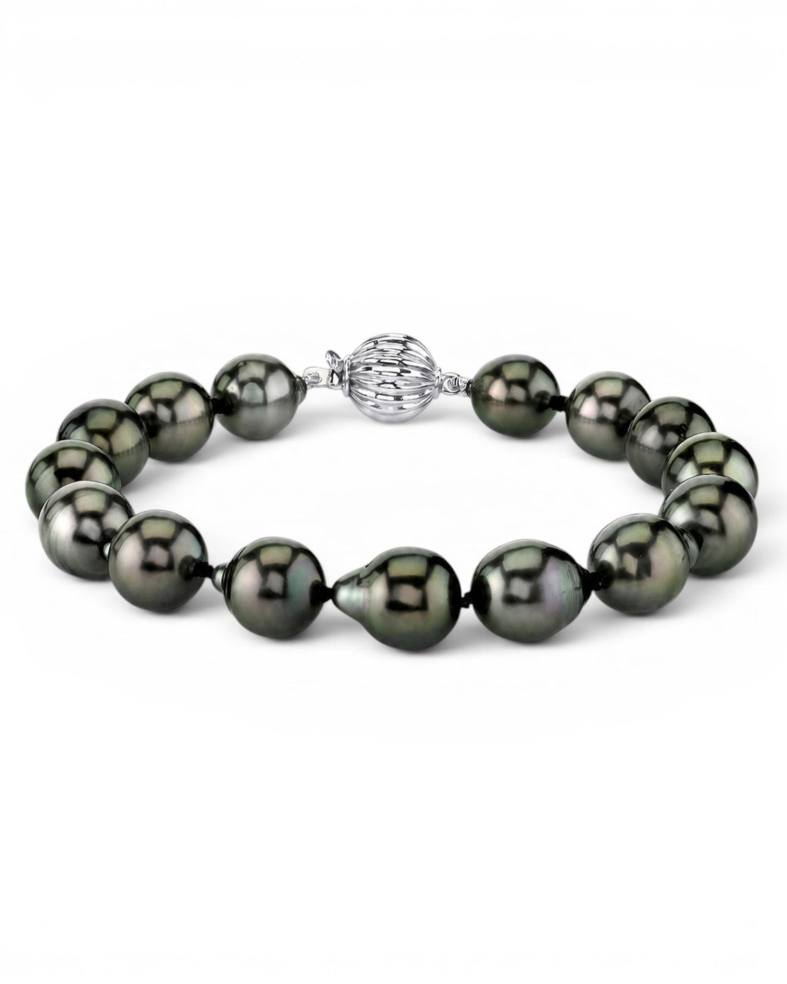 Prestige Pearl 8-9mm baroque Tahitian black pearl bracelet with a white gold filigree clasp on a white background.
