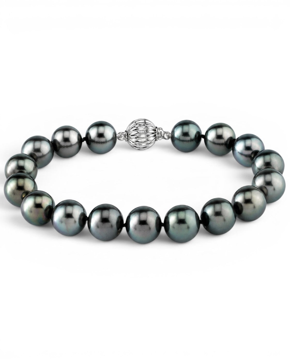 Prestige Pearl hand-knotted bracelet featuring 8-9mm round black Tahitian pearls with a polished silver clasp.