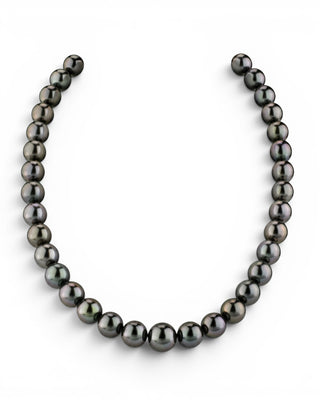 Prestige Pearl hand-knotted necklace featuring 9-11mm round black Tahitian pearls with a polished luster.