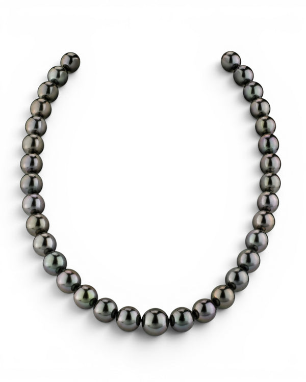 Prestige Pearl hand-knotted necklace featuring 9-11mm round black Tahitian pearls with a polished luster.