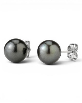 Prestige Pearl 9.5-10mm round black Tahitian pearl stud earrings with polished gold posts on a white background.