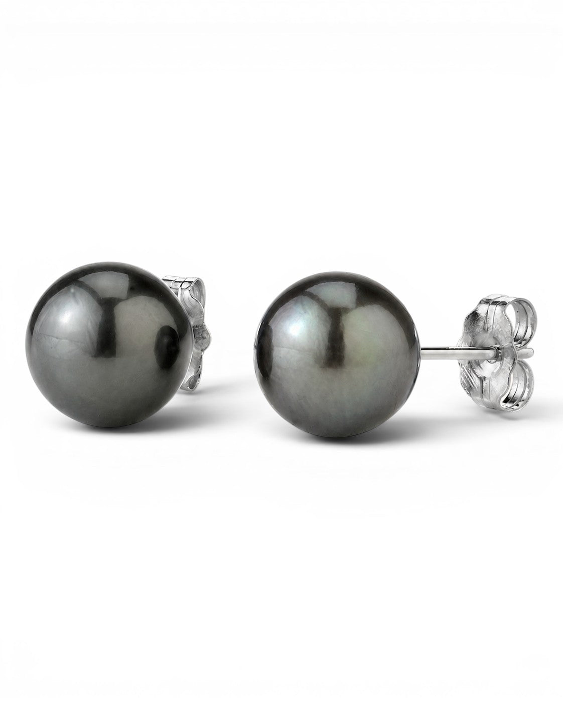 Prestige Pearl 9.5-10mm round black Tahitian pearl stud earrings with polished gold posts on a white background.