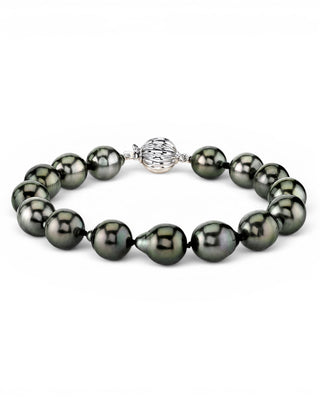 Prestige Pearl bracelet featuring 9-10mm dark baroque Tahitian pearls with high luster and a decorative silver clasp.