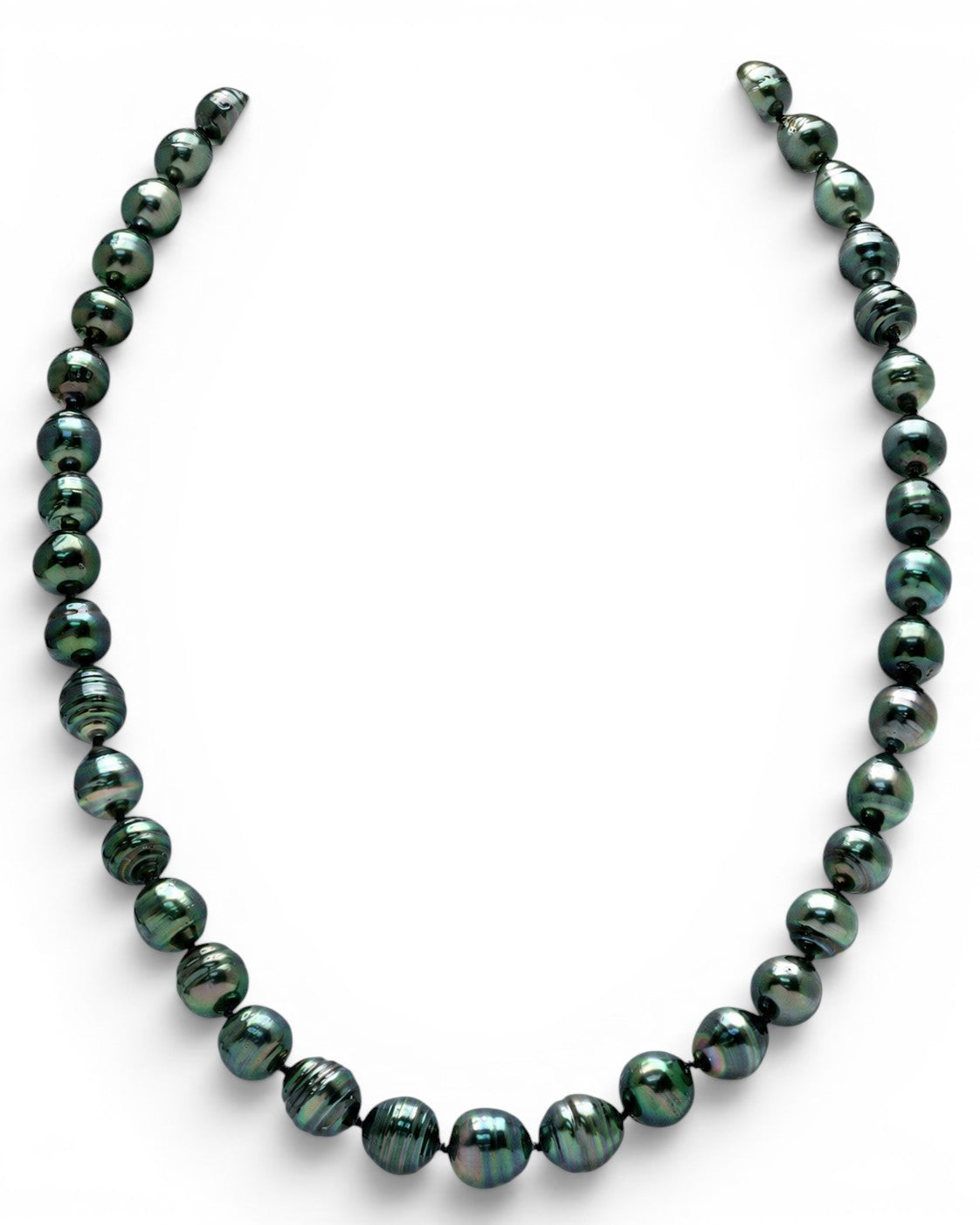 Prestige Pearl graduated dark Tahitian circle baroque pearl necklace with high lustre and individually knotted silk strand
