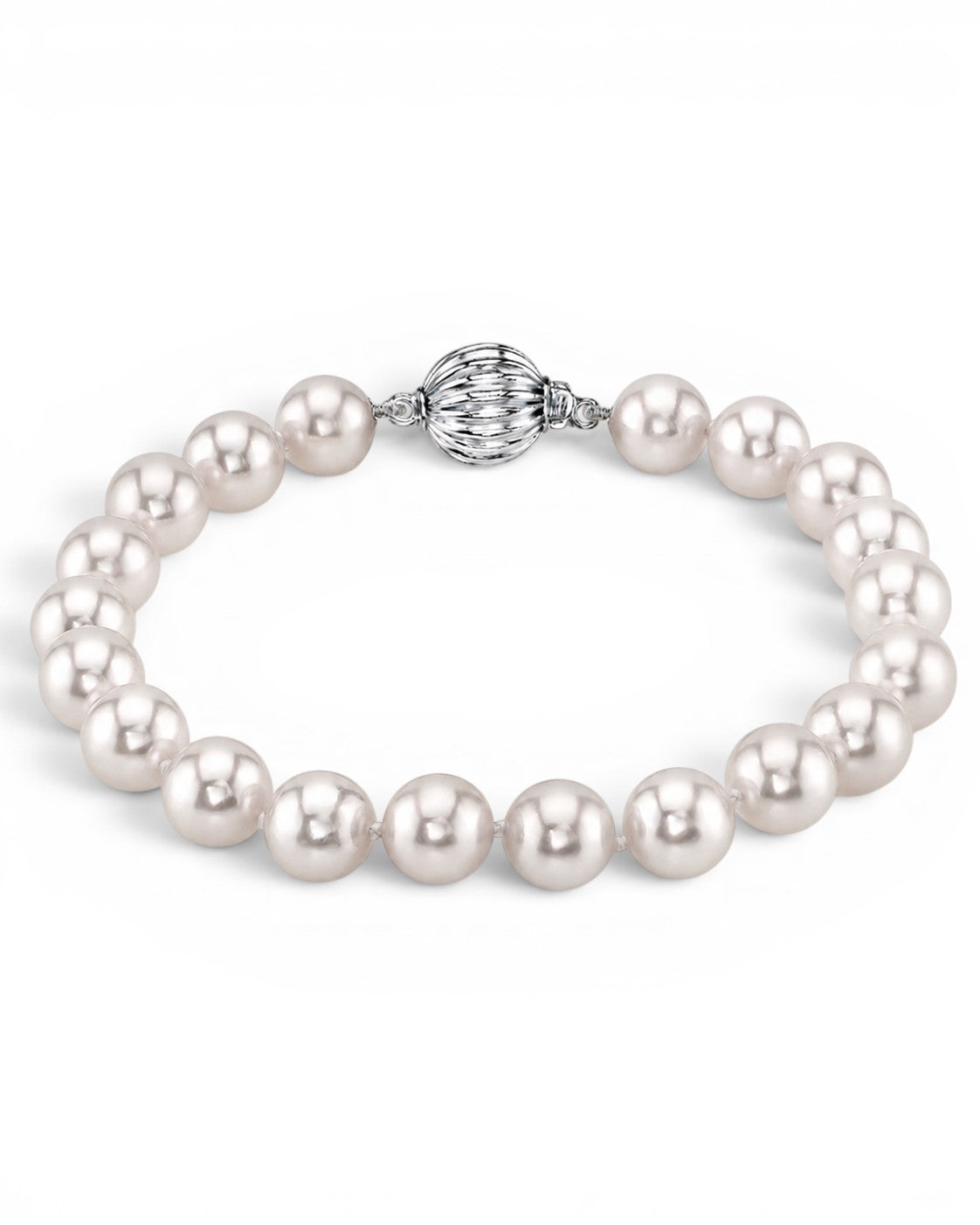 Prestige Pearl 5.5-6mm white Akoya pearl bracelet with a round corrugated clasp on a white background.