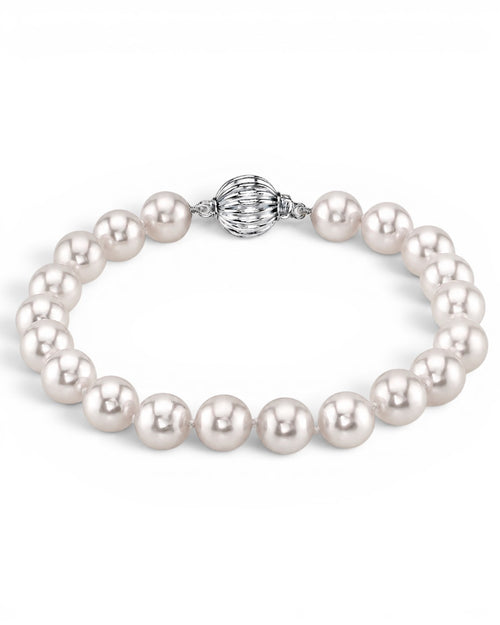 Prestige Pearl 5.5-6mm white Akoya pearl bracelet with a round corrugated clasp on a white background.