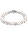 Prestige Pearl 7-7.5mm white Akoya pearl bracelet with a round filigree 14KT white gold clasp on a white background.