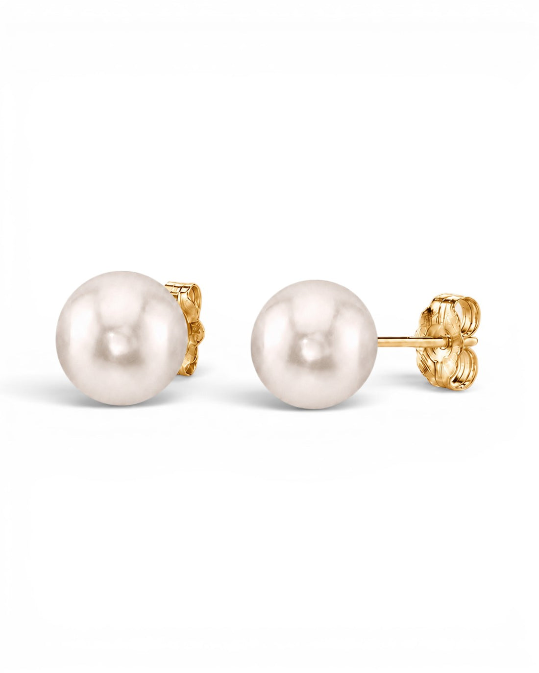 Prestige Pearl 8.5-9mm white round Akoya pearl stud earrings set in polished yellow gold with butterfly backs.