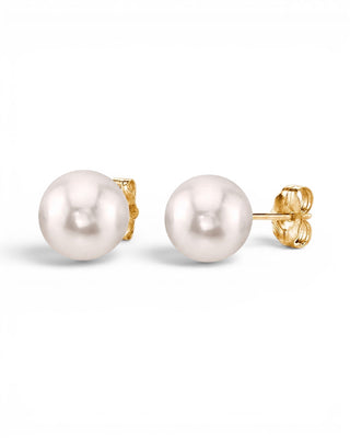 Prestige Pearl 9-9.5mm round white Akoya pearl stud earrings with polished yellow gold posts and butterfly backs.
