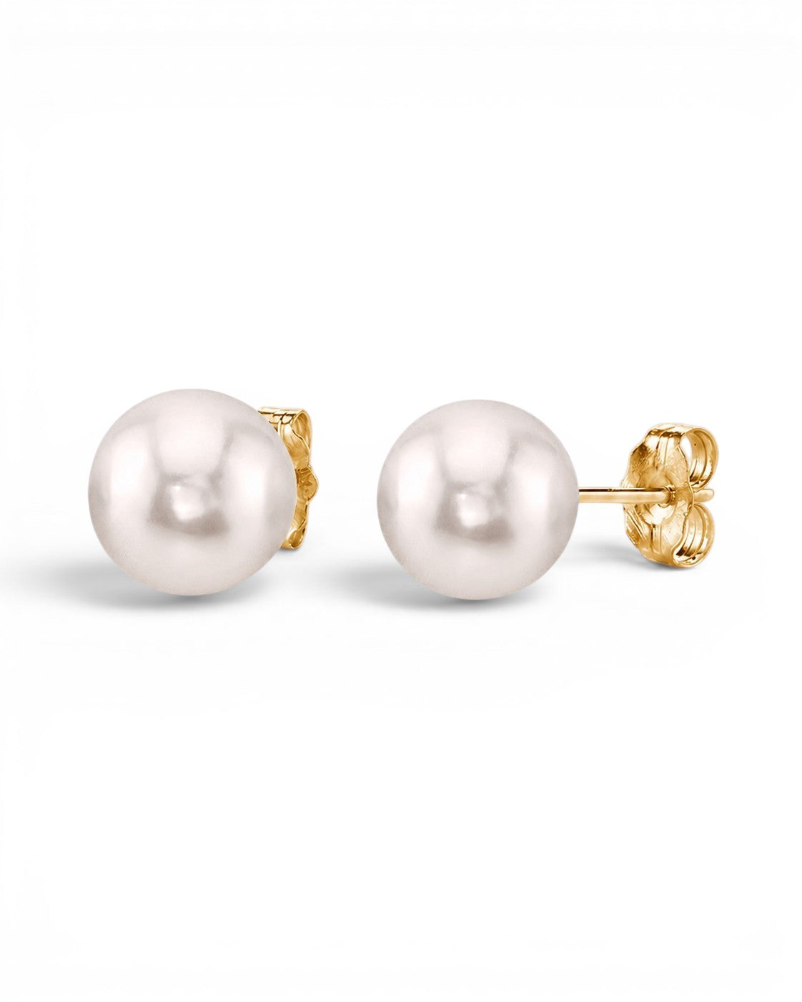 Prestige Pearl 9-9.5mm round white Akoya pearl stud earrings with polished yellow gold posts and butterfly backs.