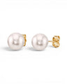Prestige Pearl 9-9.5mm round white Akoya pearl stud earrings with polished yellow gold posts and butterfly backs.