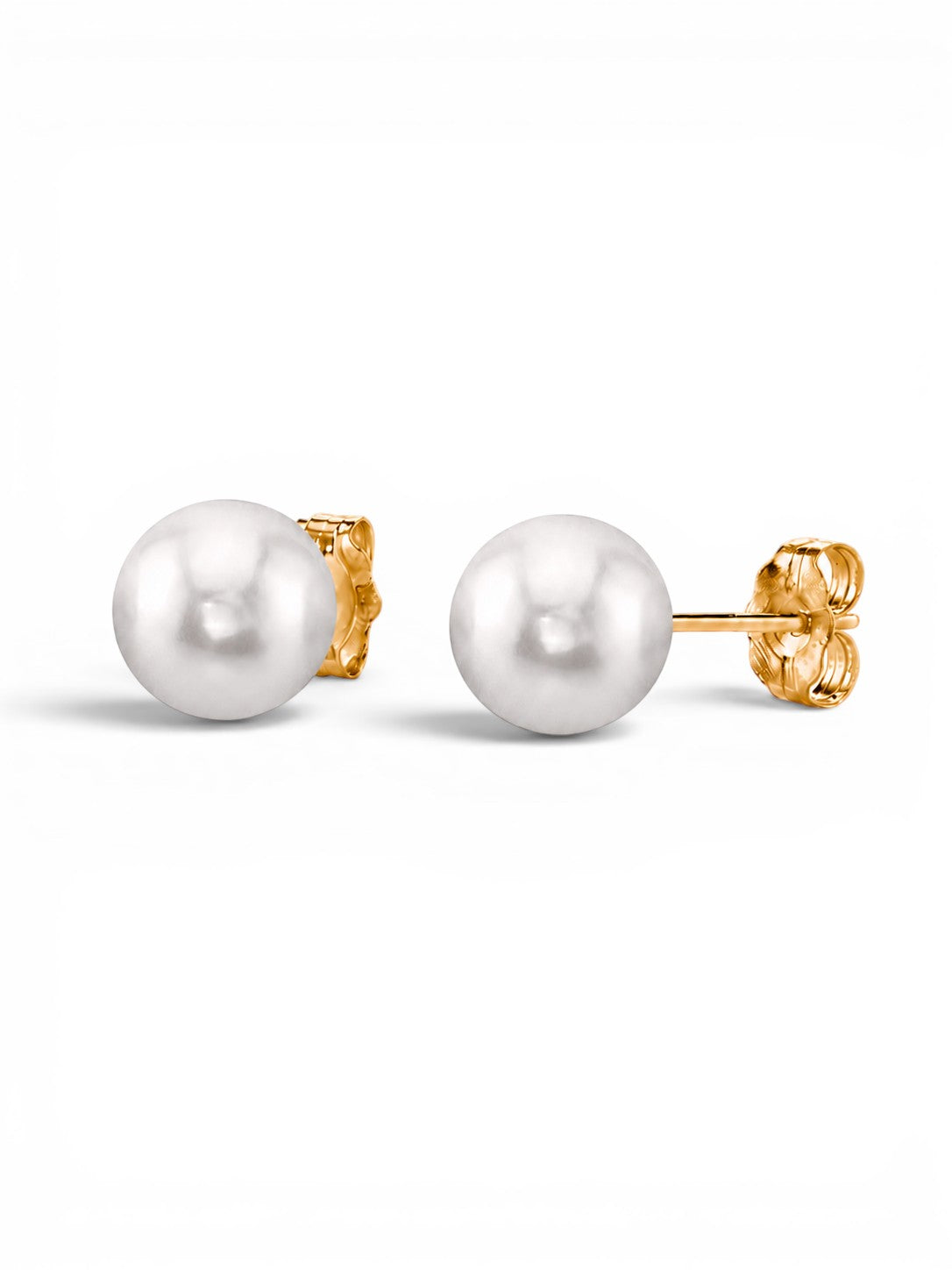Prestige Pearl 7.5-8mm round white Akoya pearl stud earrings with polished yellow gold posts and butterfly backs.