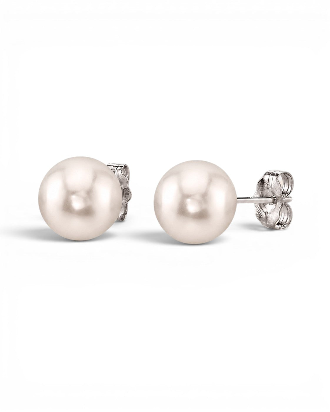 Prestige Pearl 9-9.5mm white round Akoya pearl stud earrings with secure butterfly backs in polished gold