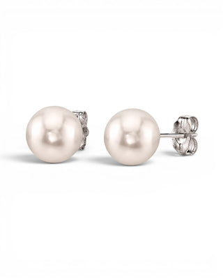 Prestige Pearl 9-9.5mm white round Akoya pearl stud earrings with secure butterfly backs in polished gold