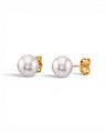 Prestige Pearl 5.5-6mm white round Akoya pearl stud earrings with polished yellow gold posts and butterfly backs.
