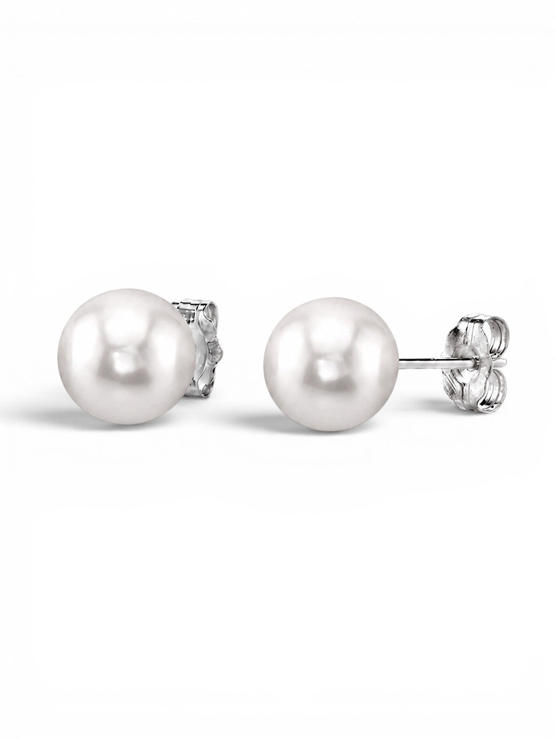 Prestige Pearl 7-7.5mm round white Akoya pearl stud earrings with secure gold butterfly backs on a white background.