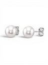 Prestige Pearl 7-7.5mm round white Akoya pearl stud earrings with secure gold butterfly backs on a white background.