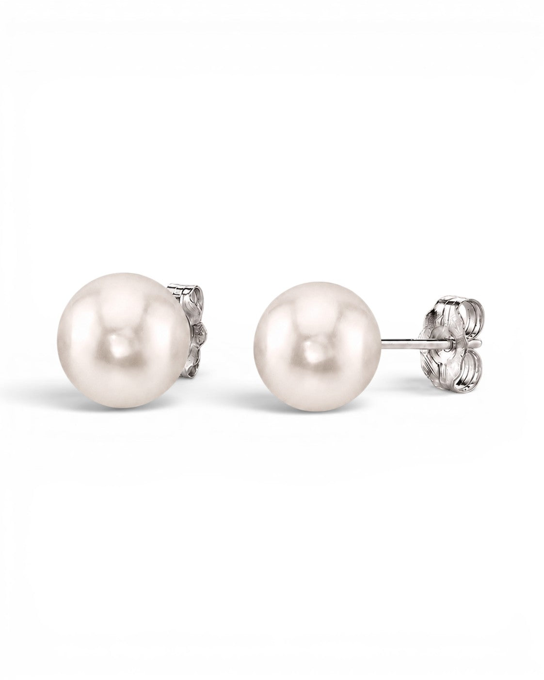 Prestige Pearl 8.5–9mm round white Akoya pearl stud earrings with secure butterfly backs in polished gold