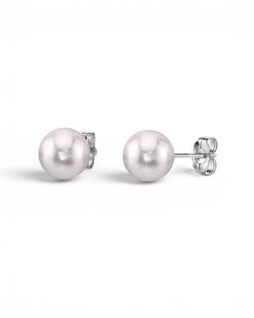 Prestige Pearl 5.5-6mm white round Akoya pearl stud earrings with polished gold posts and butterfly backs.