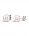 Prestige Pearl 8-8.5mm round white Akoya pearl stud earrings with polished gold posts and butterfly backs.