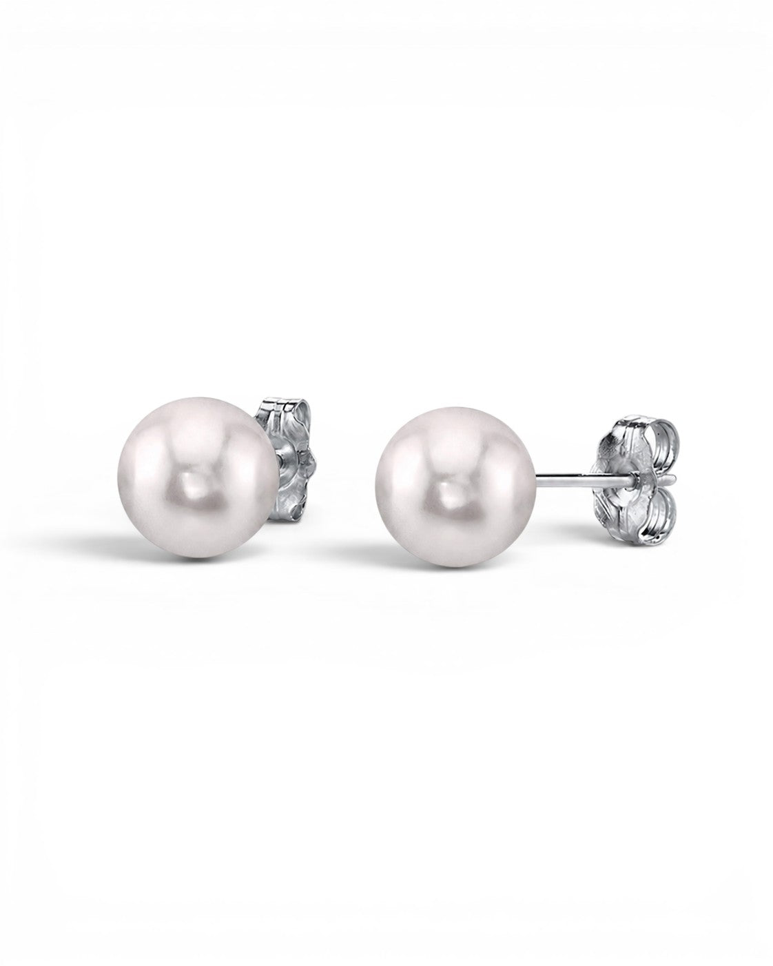 Prestige Pearl 6.5-7mm white round Akoya pearl stud earrings with secure butterfly backs in polished gold.
