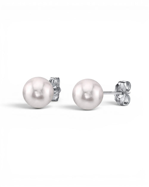 Prestige Pearl 6.5-7mm white round Akoya pearl stud earrings with secure butterfly backs in polished gold.