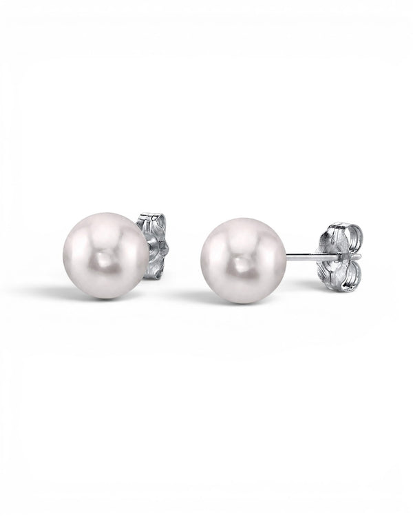 Prestige Pearl 6.5-7mm white round Akoya pearl stud earrings with secure butterfly backs in polished gold.