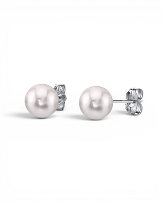 Prestige Pearl 6-6.5mm round white Akoya pearl stud earrings with polished gold posts and butterfly backs.