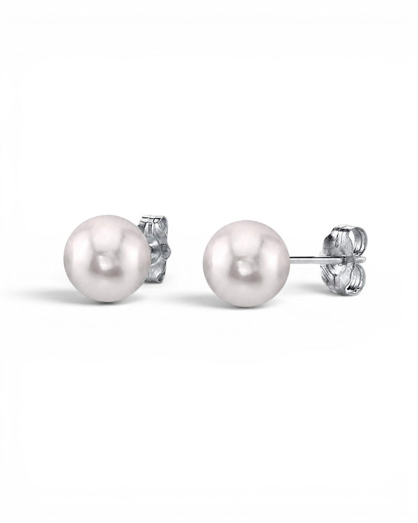 Prestige Pearl 6-6.5mm round white Akoya pearl stud earrings with polished gold posts and butterfly backs.