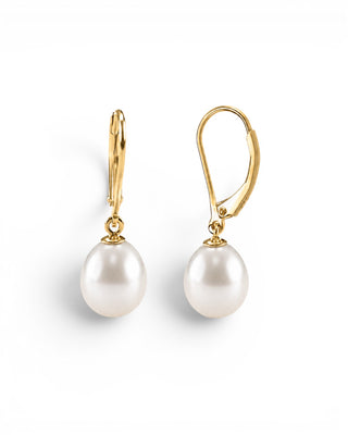 Prestige Pearl white freshwater pearl drop earrings with polished yellow gold leverback settings on a white background.
