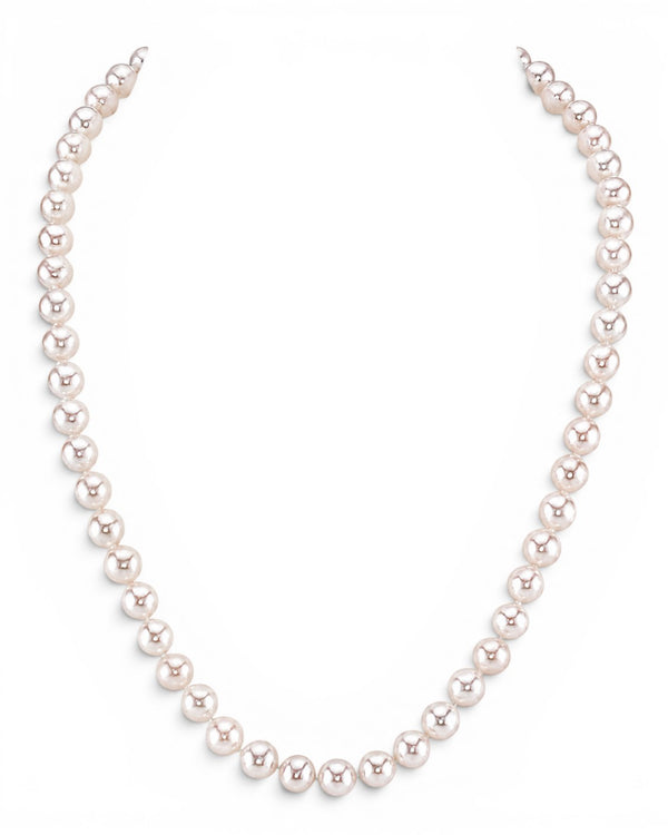 Prestige Pearl hand-knotted necklace featuring 7-8mm round white cultured freshwater pearls on a classic strand.