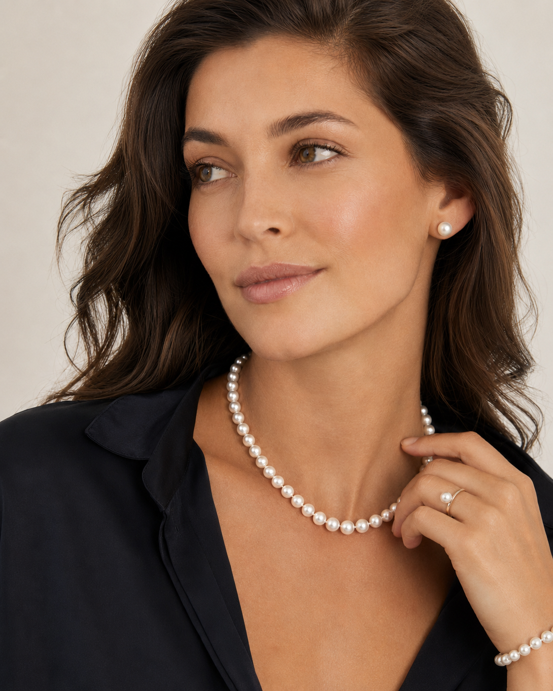 Model wearing Akoya pearl jewelry
